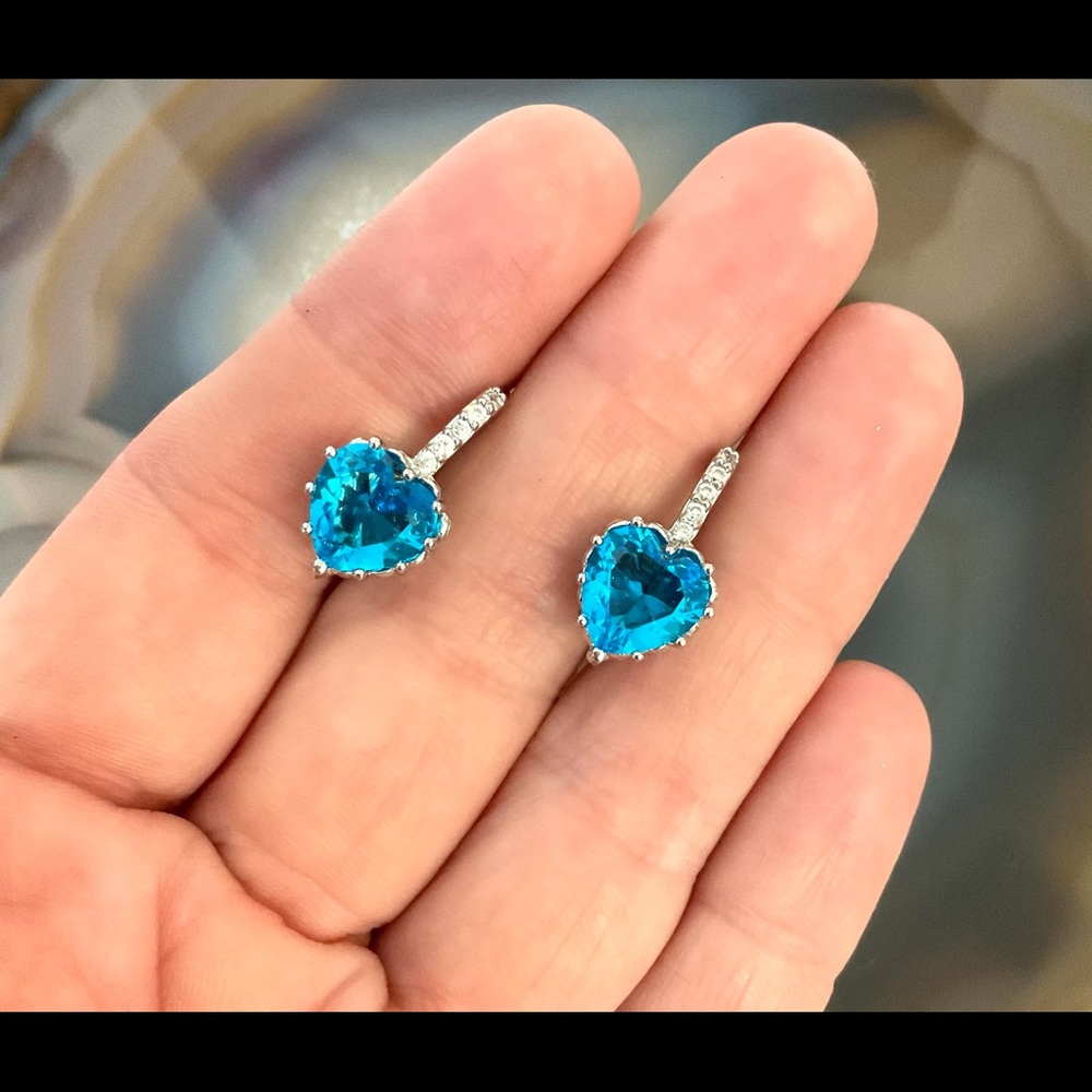 Sterling silver blue cubic zirconia heart huggie earrings cz heart small hoops